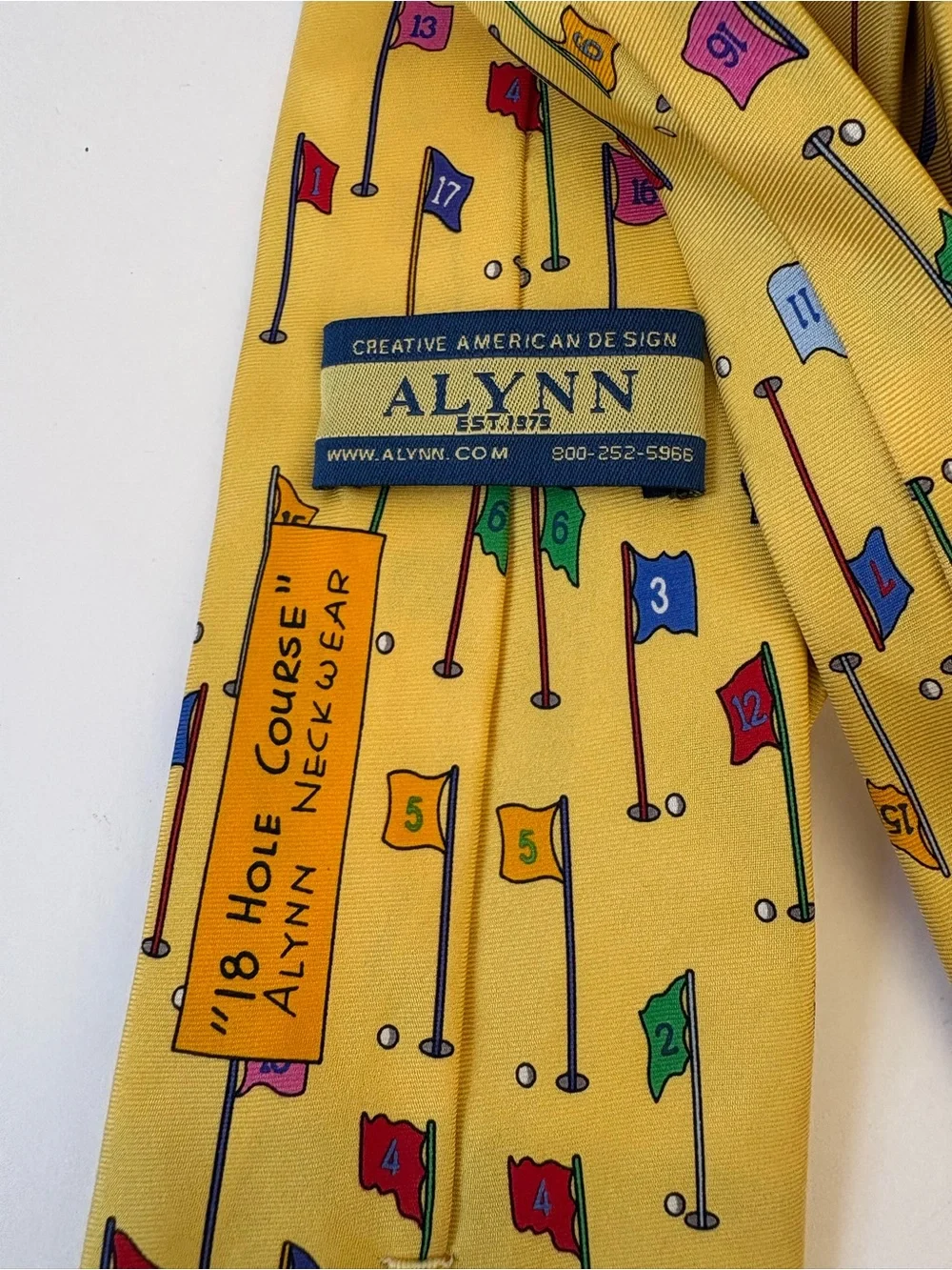 Alynn Neckwear Silk Tie Yellow 18 Hole Course Novelty Print HandMade Gag Golf